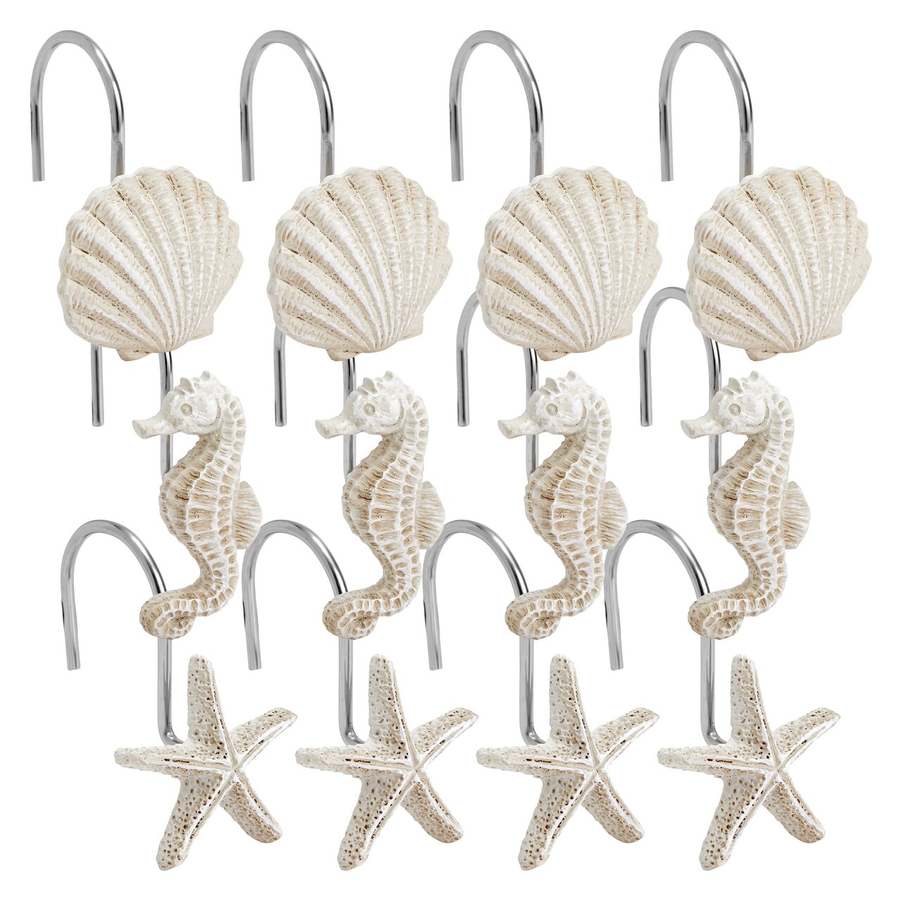 12 Pack Beach Shower Curtain Hooks, Decorative Ocean Themed Design with  Seahorses, Starfish, and Seashells